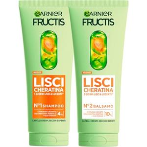 Garnier Fructis Lisci Cheratina Set Balsamo 200ml + Shampoo 200ml Trattamento Lisciante Formula Vegan con Olio d'Argan per Capelli Secchi Crespi e Spenti - Set da 2