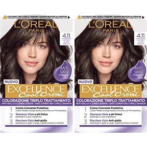 L'OREAL PARIS 2x L'Oréal Paris Excellence Cool Creme Colorazione Capelli Permanente Triplo Trattamento Tecnologia Anti Giallo Azione Protettiva Illuminante Colore 4.11 Castano Ultra Freddo - 2 Confezioni