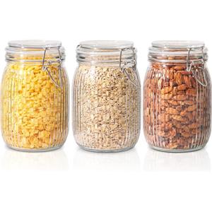 ComSaf Set di 3 barattoli ermetici in vetro con coperchio, 1048,9 g, contenitori in vetro con coperchio, a righe, con chiusura a clip, per inscatolamenti da cucina, tè, pasta, zucchero, fagioli,
