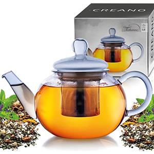 Creano Bricco da Tè di Vetro in Tre Pezzi, con Colino Integrato di Acciaio e Coperchio di Vetro, Perfetto per la Preparazione di Tè Sciolto, Senza Gocce, All-in-One | 800ml