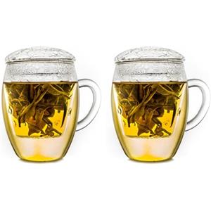 Creano Bicchieri da tè all-in-one con colino e coperchio in una pratica teiera ideale | 400ml Trasparente 2 pezzi (confezione da 1)