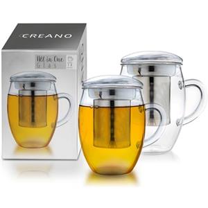 Creano Bicchiere da tè tutto in uno da 400 ml, grande tazza da tè con colino in acciaio inossidabile e coperchio in vetro, teiera in attraente confezione regalo 2 pezzi (confezione da 1)