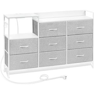 WOLTU Cassettiera a 8 Cassetti in Tessuto, Cassettiera per Camera da Letto, con Sezione di Ricarica e Ganci, Piani in Legno e Struttura in Metallo, Grigio Tortora + Bianco Nuvola