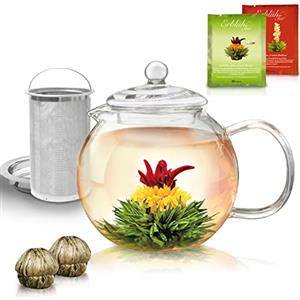 Creano Teiera in vetro 1,3 l - include 2 fiori di tè - teiera in vetro con colino in acciaio inossidabile integrato e coperchio in vetro, antigoccia 1,3 l