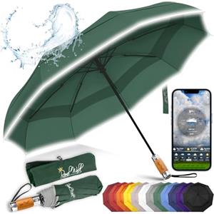 Royal Walk Ombrello da viaggio pieghevole antivento, compatto e resistente, con manico in vero legno, apertura automatica, chiusura automatica, doppia tettoia per uomini e donne, Verde scuro, L,