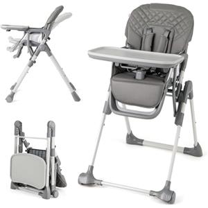 COSTWAY Seggiolone Pappa Pieghevole, Seggiolone Evolutivo per Neonati con Poggiapiedi, Vassoio Staccabile, Altezza Regolabile, Cuscino Sede in PU, Cintura di Sicurezza, per Bambini 6-36 Mesi (Grigio)