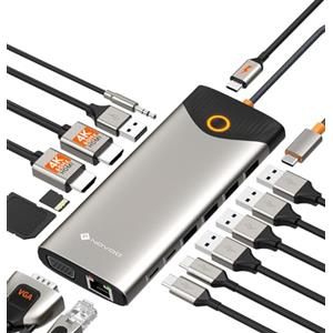 NOVOO Docking Station USB C 15 in 1 con triplo display, HDMI 4K60Hz con VGA, Gigabit Ethernet, 5 porte USBA, 2 porte USBC, PD 100W, SD/TF, Dock multiporta audio/microfono per MacBook Dell