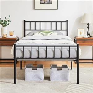 Yaheetech Struttura Letto Singolo in Ferro Battuto Testiera a Doghe in Metallo Semplice Nero 90 x 200 cm