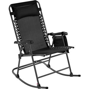 Yaheetech Sedia a Dondolo Paltrona Pieghevole Reclinabile da Esterno Giardino Portata 120 kg con Braccioli e Poggiatesta da Campeggio Balcone Nero 102 x 65,5 x 103 cm