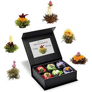 Creano 6x Fiori di Tè bianco, verde & nero in elegante Scatola magnetica con Goffratura argento