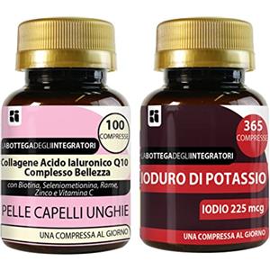 LABOTTEGADEGLIINTEGRATORI Set di Integratori Pelle Capelli Unghie + Metabolismo Tiroide | Collagene Ialuronico Q10 Complesso Bellezza 100 compresse + Ioduro di potassio 365 compresse | Senza glutine e lattosio