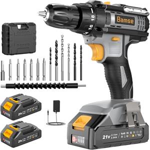 Bamse Avvitatore a Batteria, Bamse Trapano Avvitatore Batteria 21V, Trapano Elettrico 42N.m con 2 Batterie da 2.0Ah, 2 Velocità, 18+1 Coppie, 14 Accessori, Luce a LED Per Fai da te, Casa e Giardino Grigio