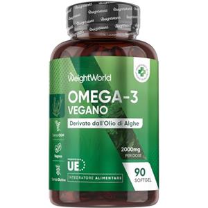 WeightWorld Omega 3 Vegan in 90 Softgel da 2000 mg, DHA, EPA, Omega3 Vegetale da Olio Algale, DHA ed EPA Contribuiscono al Mantenimento di Livelli Normali di Trigliceridi nel Sangue (EFSA), Senza Glutine né OGM