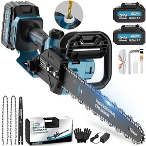 RINOXAR Motosega a Batteria con 4000 mAh Batterie, 12 Pollici Motosega Elettrica a Batteria Brushless da 1800 W con Oliatore Automatico, Sega Elettrica per Potatura per Taglio Legna, Alberi, Giardinaggio