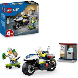 LEGO City Inseguimento della Moto della Polizia - Set con Motocicletta Giocattolo, 2 Minifigure, Mini-Bancomat e Skateboard - Regalo di Compleanno per Bambini e Bambine da 4 Anni - 60455