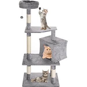 BAKAJI Albero Tiragraffi Graffiatoio Rifugio 1 Pallina 1 Cuccia Coperte per Gatti Animali Felini Interattivo Unghie Antigraffio Stabile Resistente Robusto Albero Rampicante Solida Colore Grigio