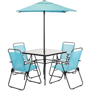 Shally Dogan Set 6 Pezzi da Pranzo per Giardino con Ombrellone, 4 Sedie Pieghevoli e 1 Tavolo con Ripiano in Vetro Temperato, Resistente Raggi UV, Arredamento per Esterno, Patio, Terrazzo (Celeste)