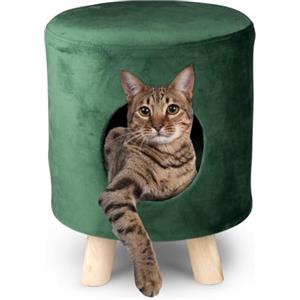 BAKAJI Sgabello Cuccia per Gatti con Cuscino Imbottito Morbido, Seduta Comoda e Piedini in Legno, Pouf Poltrona Rivestimento in Velluto Verde per Gatto e Animali Domestici, Peso Max 80kg, 33 x 44 cm