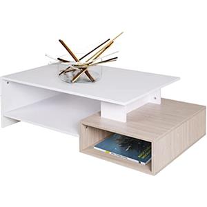 BAKAJI Tavolino Divano Tavolo Caffè da Salotto Rettangolare Design Moderno in Legno MDF con 4 Ripiani Inferiori Dimensione 106.5 x 60 x 34.5 cm Arredamento casa (Bianco e Quercia)