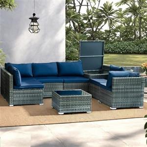 Shally Dogan Set Salotto 8 Pezzi da Giardino in Polyrattan con Struttura Grigio e Cuscini Blu, Divano Modulabile con Tavolino Contenitore e Tavolo Ripiano in Vetro Ideale per Giardino, Terrazzo, Patio