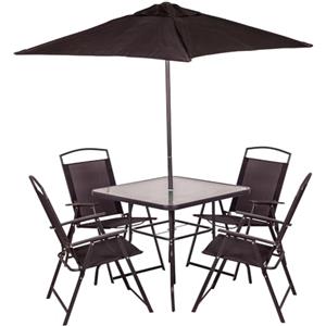 Shally Dogan Set 6 Pezzi da Pranzo per Giardino con Ombrellone, 4 Sedie Pieghevoli e 1 Tavolo con Ripiano in Vetro Temperato, Resistente Raggi UV, Arredamento Esterno, Patio, Terrazzo (Grigio Scuro)