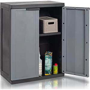 STAKMANN Armadio Basso con 1 Ripiano Regolabile, Armadietto per Esterni ed Interni Resistente al Caldo e Freddo, Mobile in Polipropilene Colore Nero/Grigio, Dimensioni 65 x 37 x 85 H cm (Basso 2 Ante)