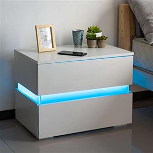 BAKAJI Comodino Camera da Letto Mobiletto Cassettiera 2 Cassetti con Luce a LED Cambio Colore Design Moderno in legno MDF Lucido Mobile Arredo Casa Dimensione 60X45X39 cm