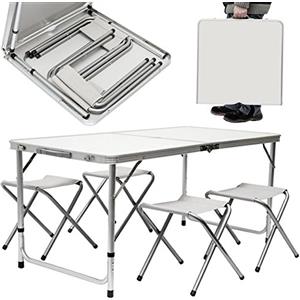 BAKAJI Set Tavolo Pieghevole con 4 Sedie Giardino, Campeggio, Picnic Richiudibile a Valigetta, Tavolino da Pranzo Altezza Regolabile e Maniglia Ergonomica per Trasporto Esterno Interno (Bianco)