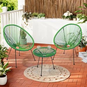 BAKAJI Set da Giardino in Polyrattan con 2 Sedie e 1 Tavolino, Design Intrecciato, Salotto da Conversazione per Esterni, Salottino Ideale per Patio, Balcone, Ristorante, Bar (Verde)
