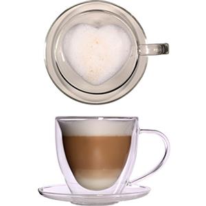 Feelino Grande tazza termica 350ml doppio vetro a forma di cuore, con piattino - tazza in vetro per tè / caffè, nobile e di grandi dimensioni con effetto fluttuante, tazza di vetro a forma di cuore dentro, manico e piattino, Celissimo per Natale, San …