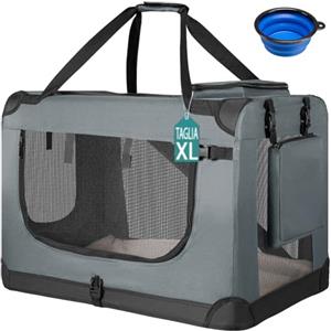 BAKAJI Trasportino per Cani e Gatti con Ciotola in Silicone Pieghevole, Gabbia per Animali Richiudibile Traspirante Borse Portaoggetti, Tracolla e Tappetino in Peluche (Grigio, XL 81 x 56 x58 cm)