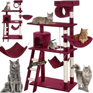 Bakaji Albero Tiragraffi per Gatti in Sisal e Peluche Parco Giochi Gatto con Cuccia Sospesa Nascondigli Pali Graffiatoio e Piattaforme Dimensioni 142 x 74,5 x 40 cm (Rosso)