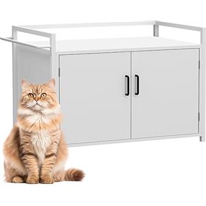 BAKAJI Mobile Lettiera per Gatti Rialzato con Ingresso Laterale a Forma di Gatto, Armadietto Multiuso Animali Domestici, 2 Ante Chiusura Magnetica Cuccia Struttura in Ferro 75x55x51cm (Bianco)