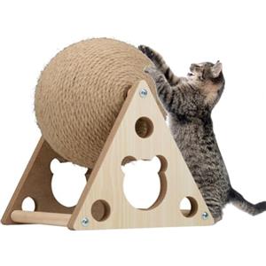 BAKAJI Tiragraffi Palla Girevole per Gatti con Supporto Triangolare, Graffiatoio Beige a Sfera Resistente all'Usura Rotante in Sisal per Animali Domestici, Felini, Base Stabile, 25 x 19 x 19 cm