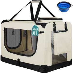 BAKAJI Trasportino per Cani e Gatti con Ciotola in Silicone Pieghevole, Gabbia per Animali Richiudibile Traspirante Borse Portaoggetti, Tracolla e Tappetino in Peluche (Beige, XL 81 x 56 x58 cm)