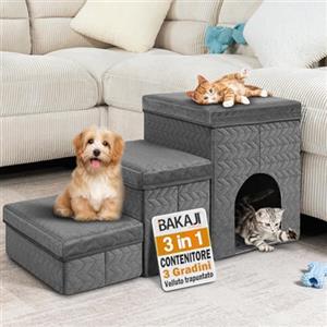 BAKAJI Scale per Cani e Gatti 3in1 Pieghevole in Velluto Trapuntato Grigio Scuro, Scala per Animali Domestici Multifunzione Vano Contenitore e Cuccia Casetta, Gradini Ergonomiche con Fondo Antiscivolo