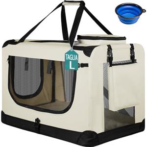 BAKAJI Trasportino per Cani e Gatti con Ciotola in Silicone Pieghevole, Gabbia per Animali Richiudibile Traspirante Borse Portaoggetti, Tracolla e Tappetino in Peluche (Beige, L 70 x 50 x 52 cm)