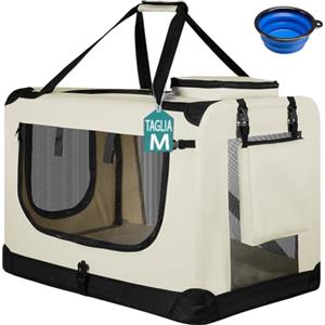 BAKAJI Trasportino per Cani e Gatti con Ciotola in Silicone Pieghevole, Gabbia per Animali Richiudibile Traspirante Borse Portaoggetti, Tracolla e Tappetino in Peluche (Beige, M 60 x 42 x 44 cm)