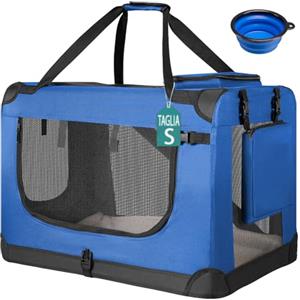 BAKAJI Trasportino per Cani e Gatti con Ciotola in Silicone Pieghevole, Gabbia per Animali Richiudibile Traspirante Borse Portaoggetti, Tracolla e Tappetino in Peluche (Blu, S 50 x 34 x 36 cm)