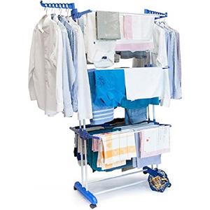 BAKAJI Stendino Stendibiancheria a Torre in Acciaio e ABS di Grande Capacità Modulabile Pieghevole Salvaspazio Richiudibile Stendino Biancheria Antiurto (Blu e bianco)