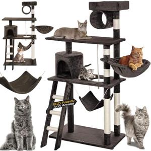 Bakaji Albero Tiragraffi per Gatti in Sisal e Peluche Parco Giochi Gatto con Cuccia Sospesa Nascondigli Pali Graffiatoio e Piattaforme Dimensioni 142 x 74,5 x 40 cm (Marrone)