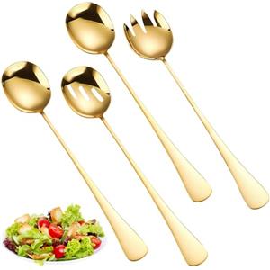 AKONE Set di posate per insalata in acciaio inox, 4 pezzi, con forchetta e cucchiaio, 28 x 5,5 cm, per cucina, sala da pranzo, campeggio e picnic (oro)