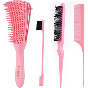 LORSEX Spazzola Districante per Capelli Naturali Afro da 3a a 4c, Crespi, Ondulati, Ricci - Con 3 Spazzole Toupier, Doppio Bordo e Pettine (Rosa)