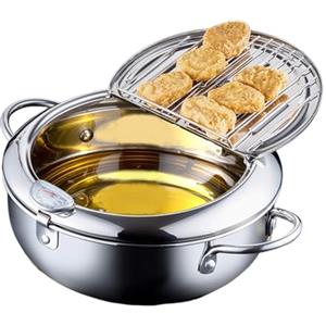 Gevvnss Pentola per Friggere in Stile Giapponese,Friggitrice Tempura Piccola con Termometro e Coperchio della Griglia Antigoccia,Pentola in Acciaio Inox per Friggere,Pollo Francese,Pesce Secco,2,2L