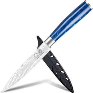XYJ Coltello da cucina, coltello multifunzione giapponese da 5 pollici in acciaio inossidabile, modello Damascus a laser, manico in resina, coltello da bistecca per cucina