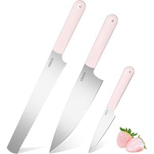 CIARRA Set di Coltelli da Cucina 3 Pezzi, Coltello da Chef, Coltello da Pane, Coltello Multiuso, Manico Ergonomico, Acciaio Inossidabile ad Alto Tenore di Carbonio, Rosa