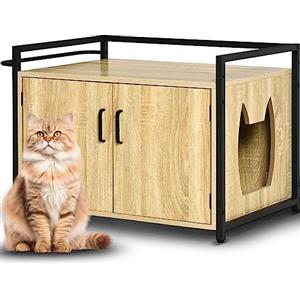 BAKAJI Mobile Lettiera per Gatti Rialzato con Ingresso Laterale a Forma di Gatto, Armadietto Multiuso Animali Domestici, 2 Ante Chiusura Magnetica Cuccia Struttura in Ferro 75x55x51cm (Legno Naturale)