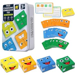 YeaHapiday puzzle legno cubo di rubik,puzzle in legno，mini puzzle gadget compleanno bambini 16 Pezzi di Puzzle in Legno e 64 Carte Giocattolo con Espressioni in Legno, Puzzle Bambini 3+ anni
