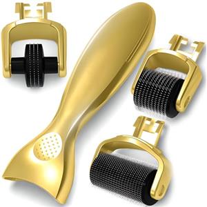 Retoo Dermaroller, per trattamento della pelle, micro aghi veri in titanio, 3 aghi da 0,5, 1, 1,5 mm, testina intercambiabile per il corpo, per la casa contro l'acne, gold, 2,8 cm x 12,5 cm x 2 cm