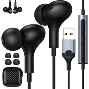 AIAUXAI Cuffie In-Ear con Microfono, USB Auricolari PC con Filo 2,3 m, con Pulsante di Muto, Controllo del Volume, Cuffie Magnetiche Stereo HiFi, Compatto e Portatile, Ideale per Videoconferenze, Skype, Zoom